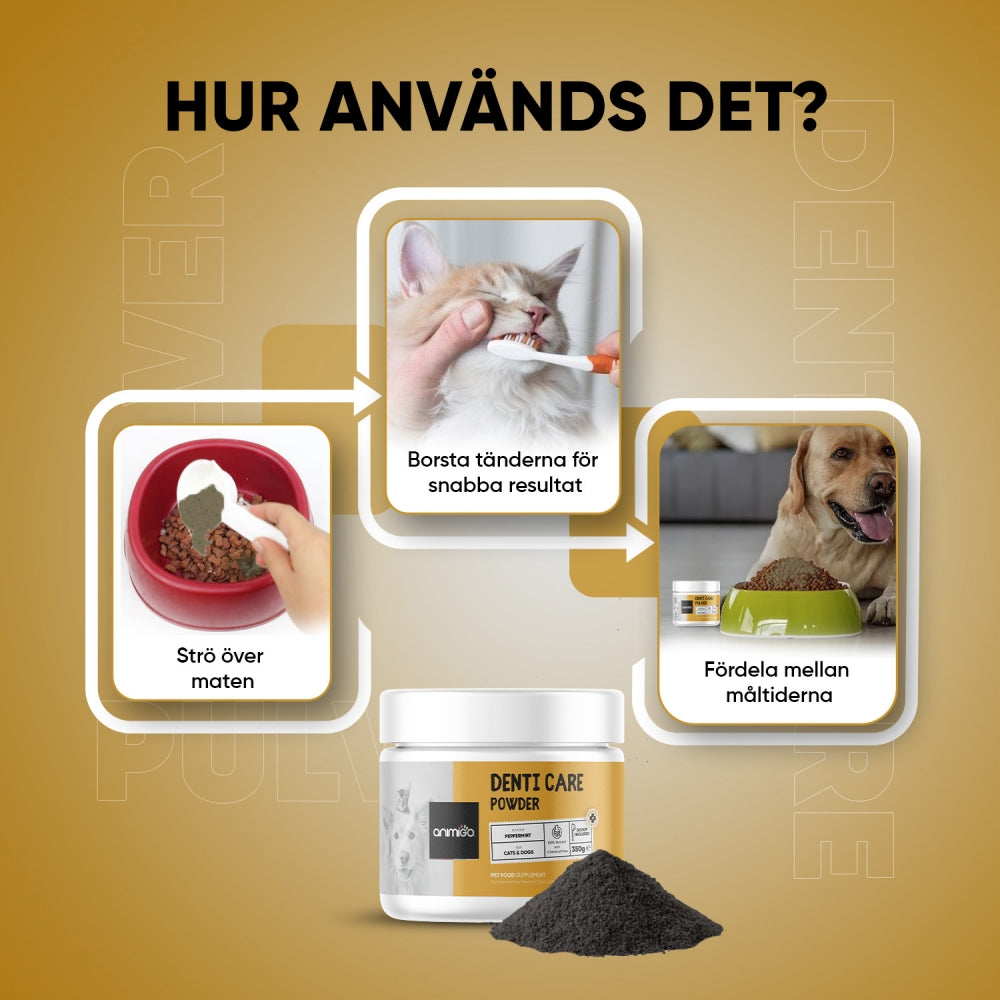 Bilden visar en burk med Animigos Denti-Care 350 g tillsammans med pulver, och visar hur pulvret kan strös över maten och användas vid tandborstning