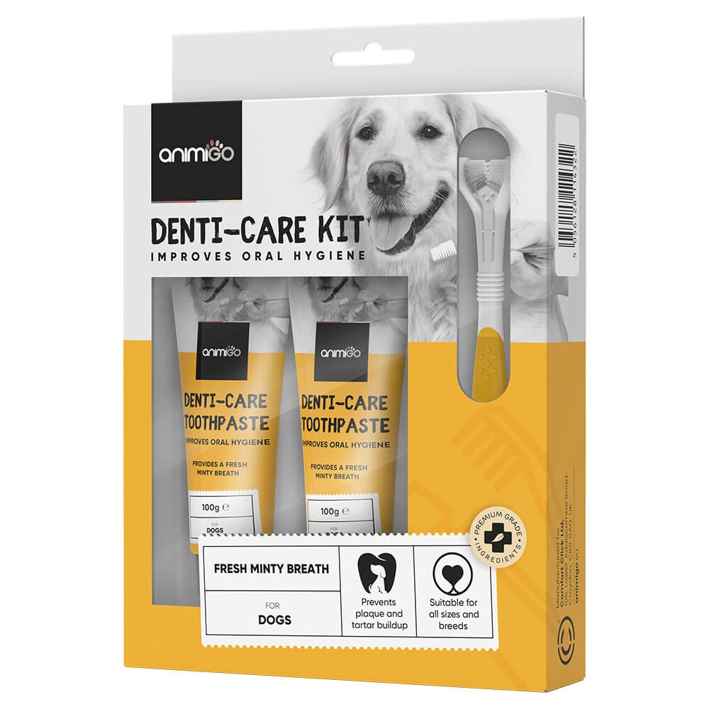 Kitet innehåller en 3 hövdad tandborste hund och en fingertandborste hund för att du ska hålla din hunds tänder rena och hälsosamma.