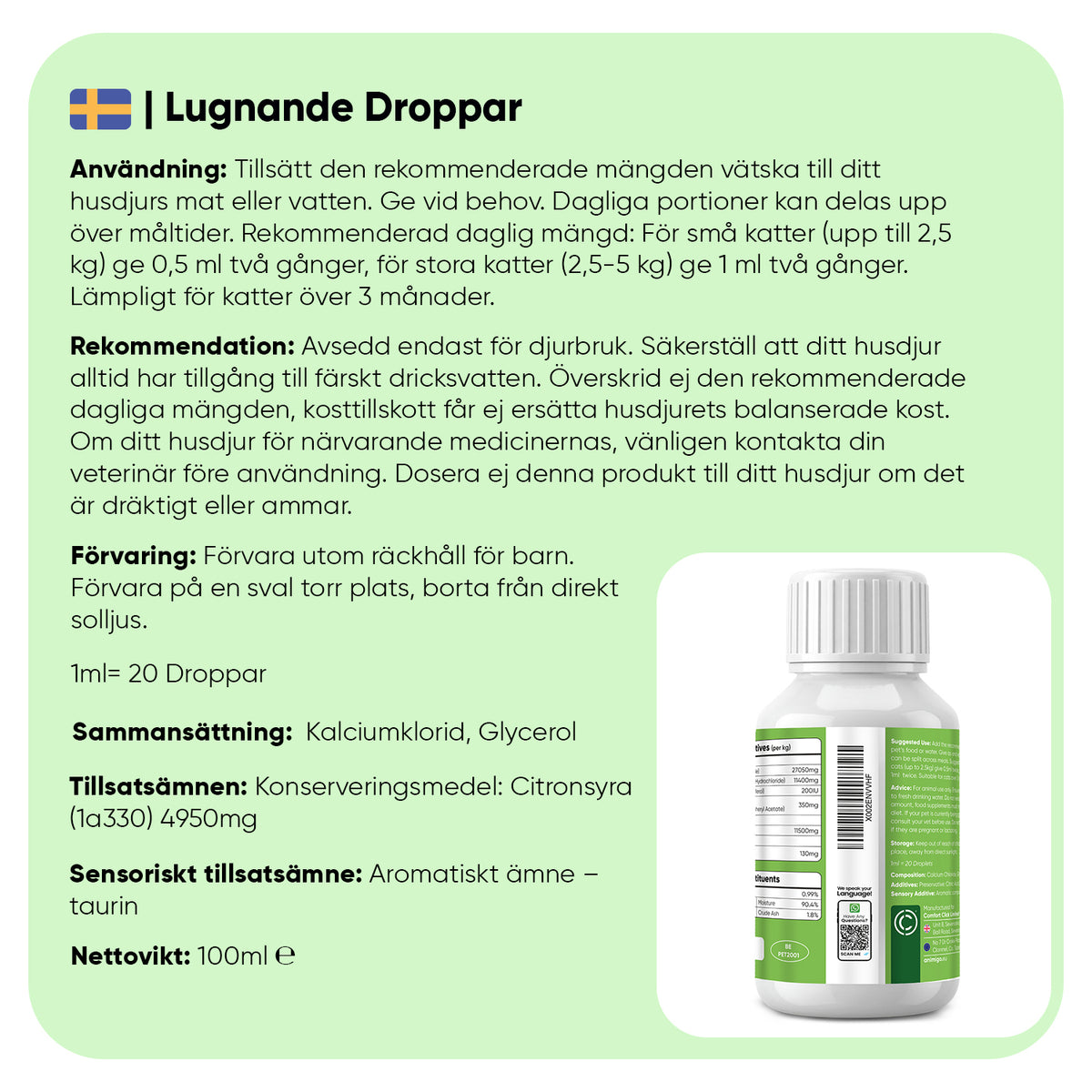 Animigo Lugnande Droppar för Katter 100 ml Droppar